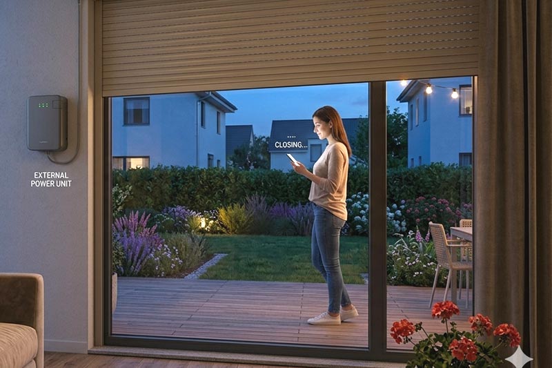 Contemporary home with battery-powered shutter control